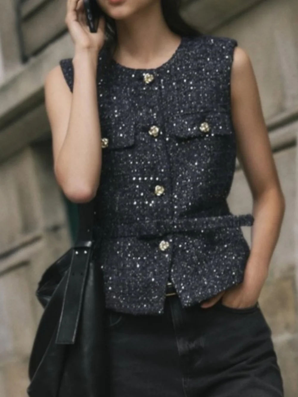 Zara Belted Seqiin Structured  Vest Navy  Size M - Picture 13 of 13